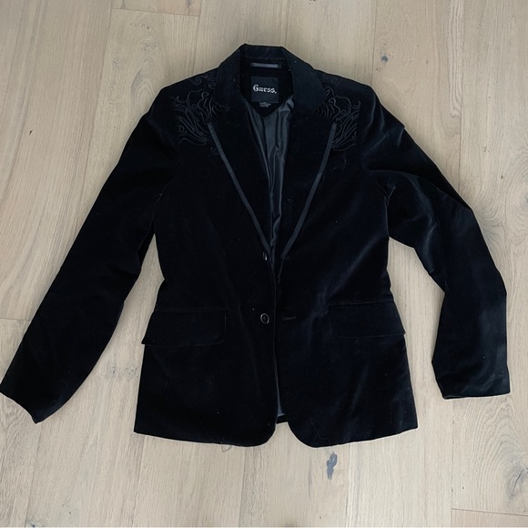 Guess Jackets & Blazers - Guess Velvet Embroidered Sleeve Blazer